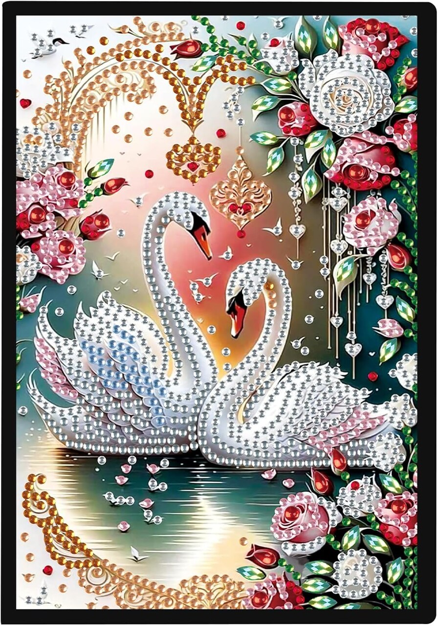 Diamond Art Notebook Journal Diamond Painting Note Book Gem Art Sketchbook Gem Painting Blank Notebook Mosaic Kits for Adults Diary with Special Shape Drill 14.5×21cm/5.7×8.26in Swan